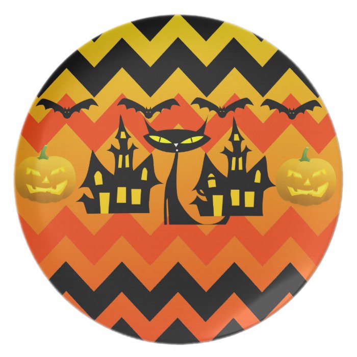 Cute Halloween Black Cat Haunted House Chevron Dinner Plates