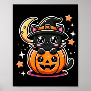Cute Halloween Black Cat In Pumpkin With Witch Hat Poster