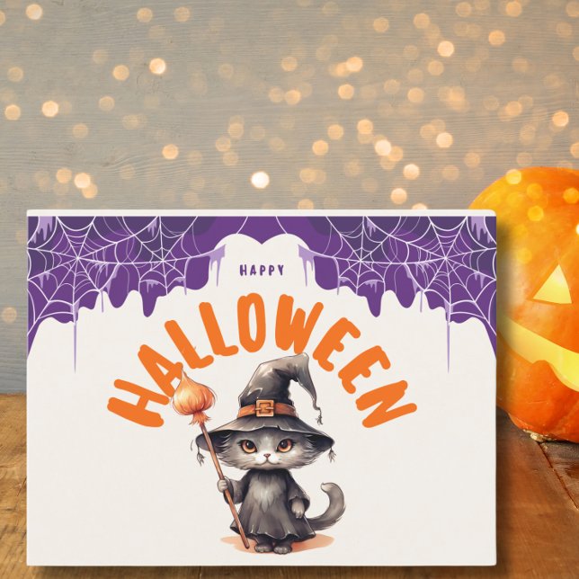 Cute Halloween Black Cat in Witch Hat Holiday Postcard (Creator Uploaded)