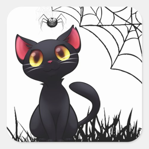 Cute Halloween Black Cat Looking At Spider Square Sticker