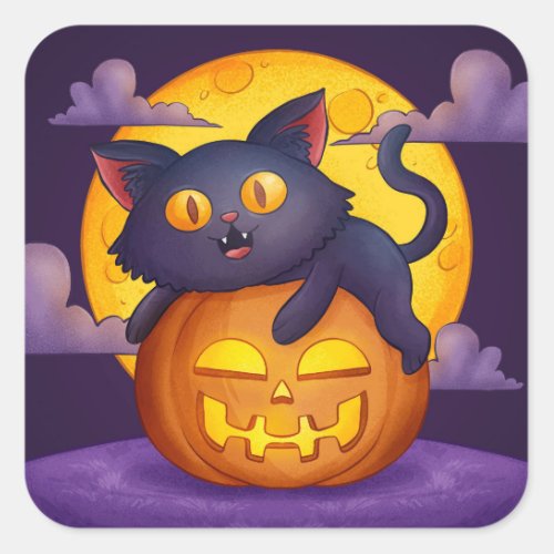 Cute Halloween Black Cat Pumpkin and Moon Square Sticker