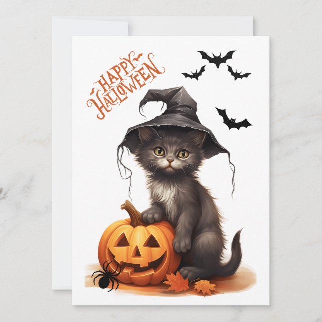 Cute Halloween Black Cat, Pumpkin and Spider Card (Front)