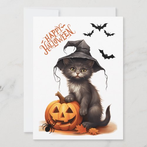 Cute Halloween Black Cat Pumpkin and Spider Card