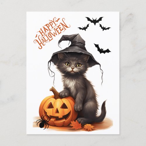 Cute Halloween Black Cat Pumpkin and Spider Postcard