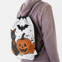 Cute Halloween Black Cat Pumpkin Drawstring Backpa