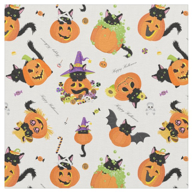 Cute Halloween Black Cat Pumpkin Fabric (Close Up)