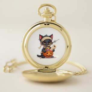 Cute Halloween Black Cat Pumpkin Trick or Treat Gi Pocket Watch