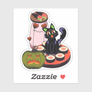 Cute Halloween Black Cat Sitting on Sushi Sticker