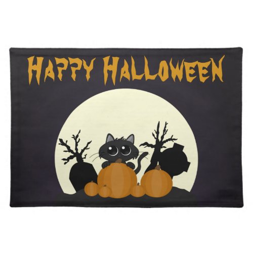 Cute Halloween Black Cat Spooky Cloth Placemat