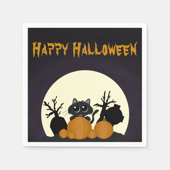 Cute Halloween Black Cat Spooky Napkins (Front)