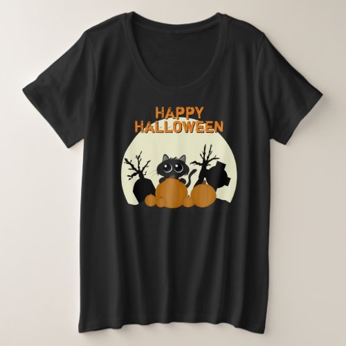 Cute Halloween Black Cat Spooky Plus Size T_Shirt
