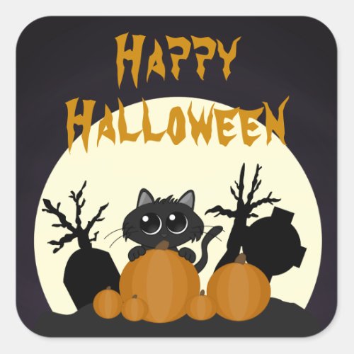 Cute Halloween Black Cat Spooky Square Sticker