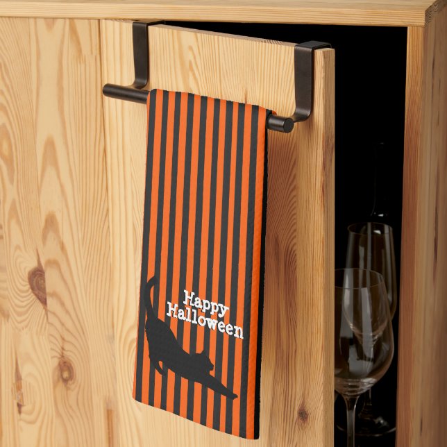 Cute Halloween Black Cat Stretching Orange Stripes Kitchen Towel (Thirds Fold)