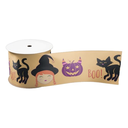 Cute Halloween Black Cat Witch and Pumpkin Pattern Satin Ribbon