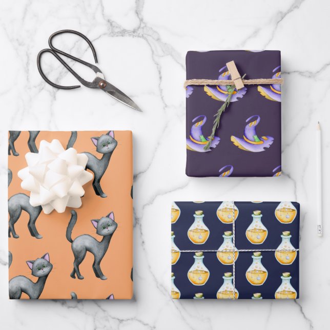 Cute Halloween Black Cat Witch Hat Potion Wrapping Paper Sheets (Front)