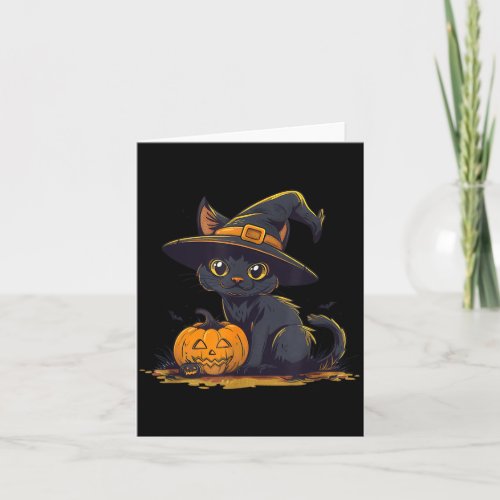 Cute Halloween Black Cat Witch Hat Pumpkin Card