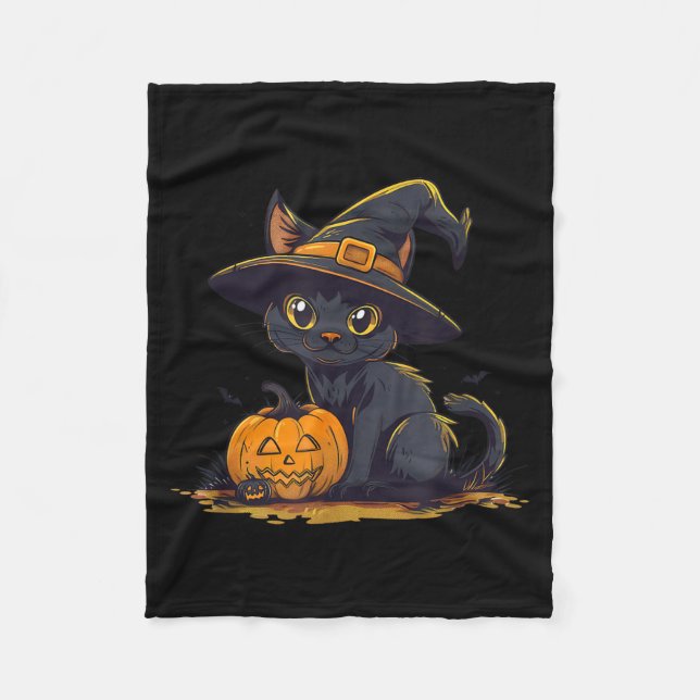 Cute Halloween Black Cat Witch Hat Pumpkin Fleece Blanket (Front)