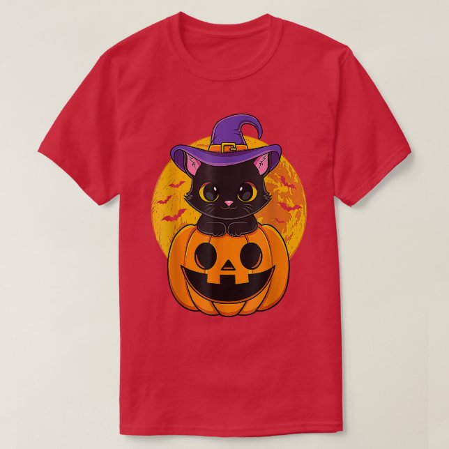 Cute Halloween Black Cat Witch Hat Pumpkin For Gir T-Shirt (Design Front)