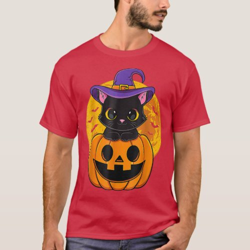 Cute Halloween Black Cat Witch Hat Pumpkin For Gir T_Shirt