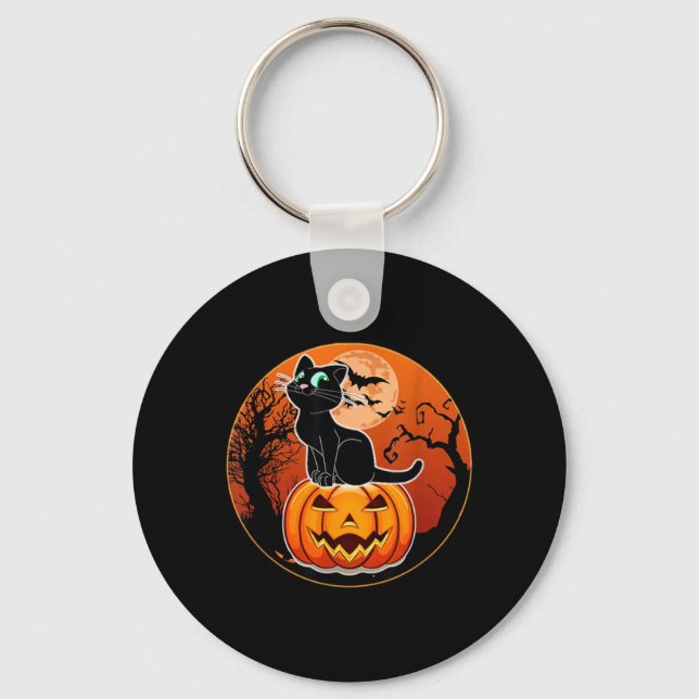 Cute Halloween Black Cat Witch Hat Pumpkin For Keychain (Front)