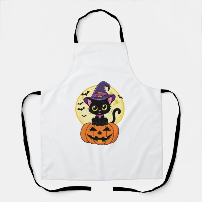 Cute Halloween Black Cat Witch Hat Pumpkin For Kid Apron (Front)