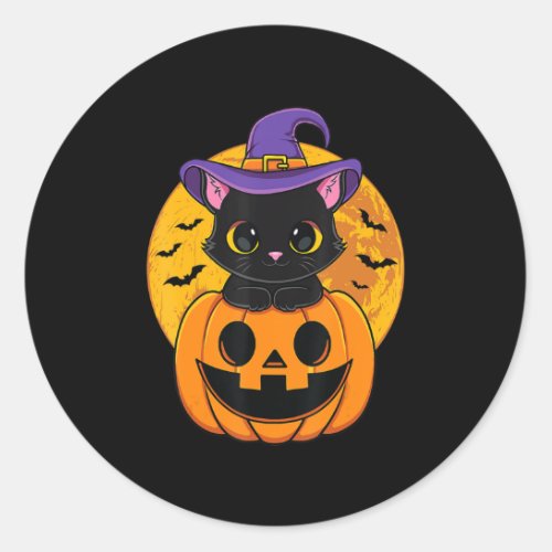 Cute Halloween Black Cat Witch Hat Pumpkin For Kid Classic Round Sticker