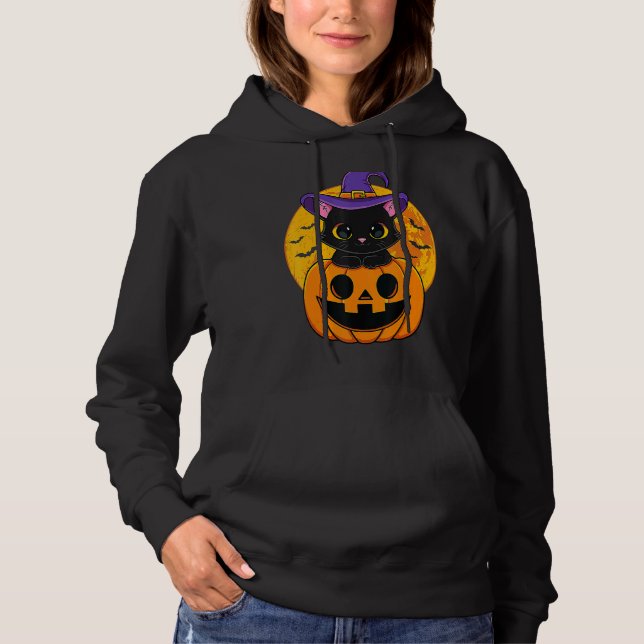 Cute Halloween Black Cat Witch Hat Pumpkin For Kid Hoodie (Front)