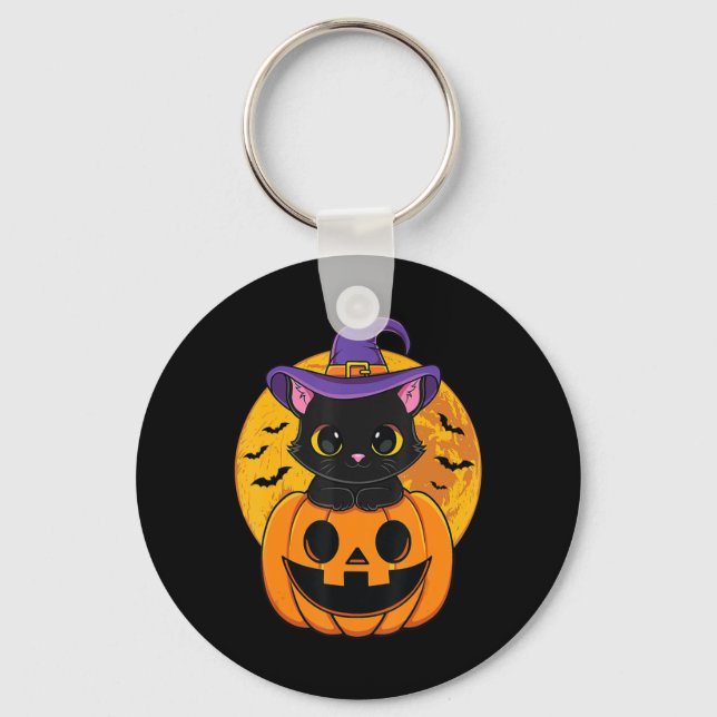 Cute Halloween Black Cat Witch Hat Pumpkin For Kid Keychain (Front)