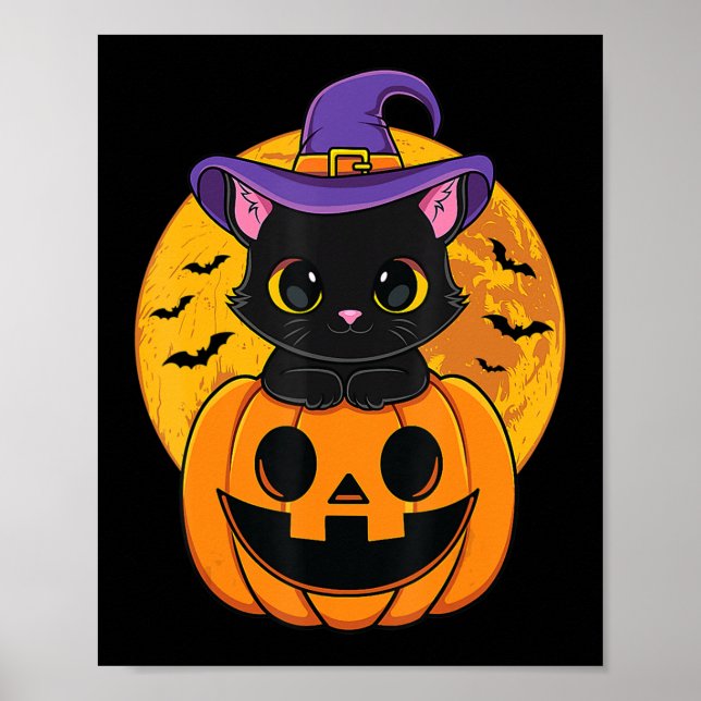 Cute Halloween Black Cat Witch Hat Pumpkin For Kid Poster (Front)