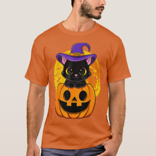 Cute Halloween Black Cat Witch Hat Pumpkin For Kid T-Shirt