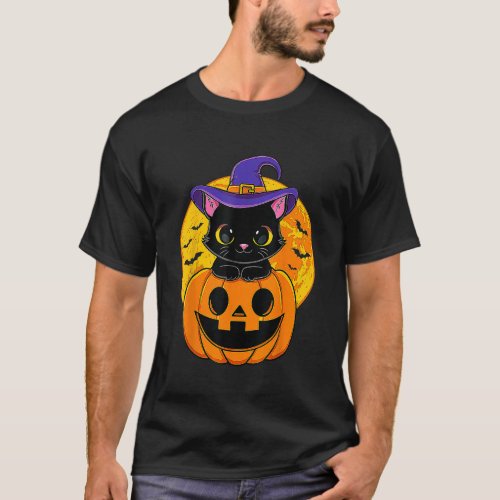 Cute Halloween Black Cat Witch Hat Pumpkin For Kid T_Shirt