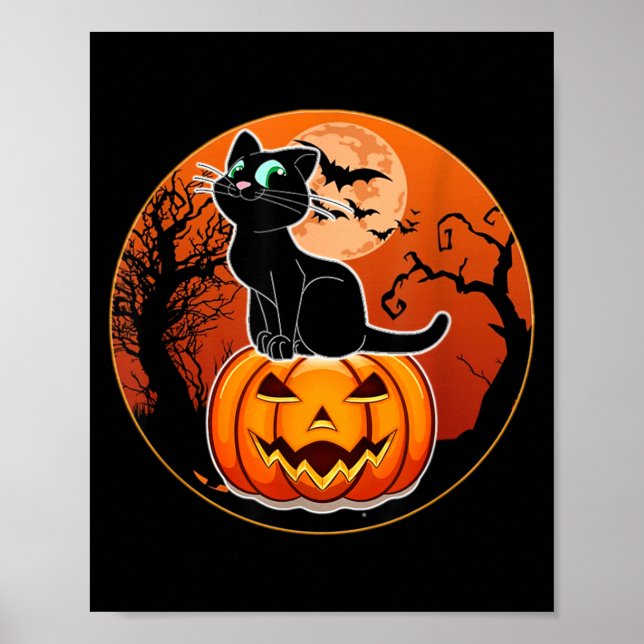 Cute Halloween Black Cat Witch Hat Pumpkin For Poster (Front)