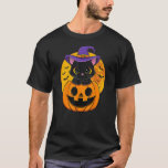 Cute Halloween Black Cat Witch Hat Pumpkin T-Shirt