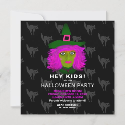 Cute Halloween Black Cat Witch Kids Invitation
