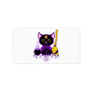 Cute Halloween Black Cat Witch Label