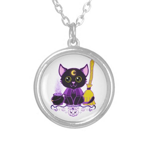 Cute Halloween Black Cat Witch Silver Plated Necklace