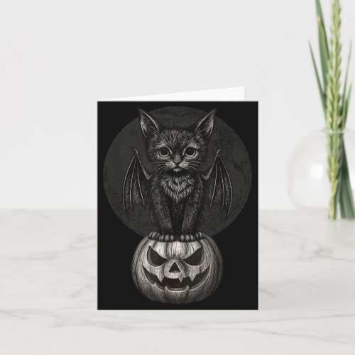 Cute Halloween Black Cat With Bat Wings On Pumpkin Card