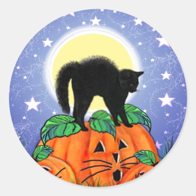 Cute Halloween Black Cat with Pumpkins Stickers (Front)