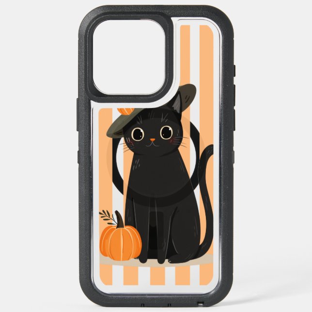 Cute Halloween Black Cat with Witch Hat Pumpkin iPhone 15 Pro Max Case (Back)