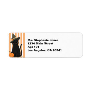 Cute Halloween Black Cat with Witch Hat Pumpkin Label