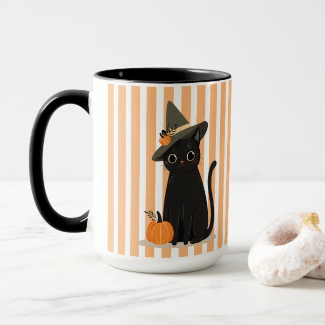 Cute Halloween Black Cat with Witch Hat Pumpkin Mug (With Donut)