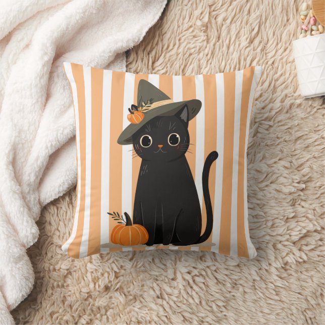Cute Halloween Black Cat with Witch Hat Pumpkin Throw Pillow (Blanket)