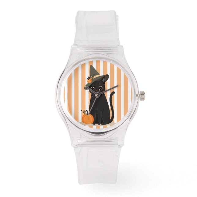 Cute Halloween Black Cat with Witch Hat Pumpkin Watch (Front)