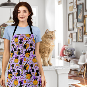 Cute Halloween Black Cats Pumpkins Candy Purple Apron