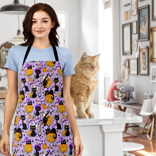 Cute Halloween Black Cats Pumpkins Candy Purple Apron (Creator Uploaded)