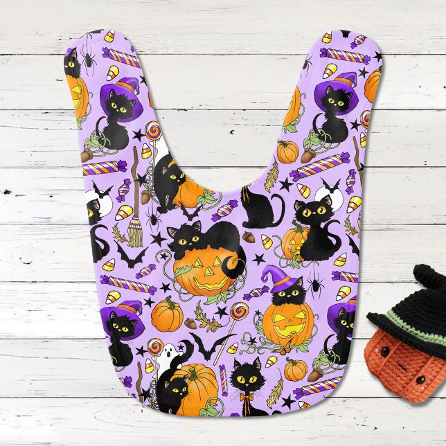 Cute Halloween Black Cats Pumpkins Candy Purple Baby Bib (Creator Uploaded)