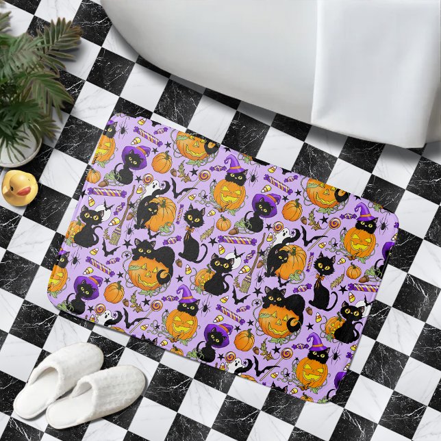 Cute Halloween Black Cats Pumpkins Candy Purple Bath Mat (Creator Uploaded)