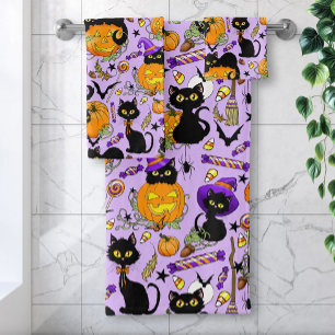 Cute Halloween Black Cats Pumpkins Candy Purple Bath Towel Set