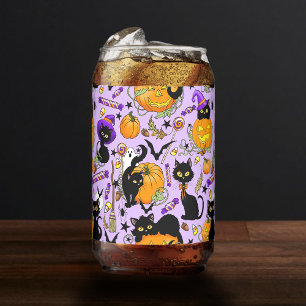 Cute Halloween Black Cats Pumpkins Candy Purple Can Glass