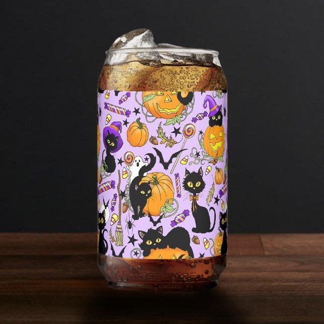 Cute Halloween Black Cats Pumpkins Candy Purple Can Glass (Creator Uploaded)